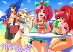  1boy :d absurdres animal_ears beach beach_umbrella blush breasts cat_ears cat_tail cleavage closed_mouth earrings highres ilia_silvestri jewelry large_breasts long_hair looking_at_viewer millie_chliette multiple_girls navel open_mouth paws perisie_(star_ocean) pink_hair ponytail red_eyes ronixis_kenni ryoi smile star_ocean star_ocean_anamnesis star_ocean_first_departure sunglasses swimsuit tail umbrella 