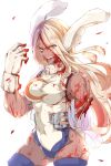  1girl amputee animal_ears ass_visible_through_thighs bare_arms bare_shoulders blonde_hair blood blood_on_face blood_splatter bloody_clothes boku_no_hero_academia bunny_ears bunny_girl bunny_tail covered_navel dark_skin eyebrows_visible_through_hair eyes_visible_through_hair floating_hair gloves hand_up highleg highleg_leotard highres injury leotard long_hair looking_at_viewer missing_limb muscle muscular_female nosebleed open_mouth shinonome_mozuku smile solo spoilers tail thighhighs usagiyama_rumi v-shaped_eyebrows 