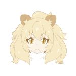  1girl :&lt; animal_ears artsy-rc big_hair blonde_hair closed_mouth commentary english_commentary eyebrows_visible_through_hair fur_collar highres kemono_friends lion_(kemono_friends) lion_ears looking_at_viewer medium_hair portrait signature simple_background solo white_background yellow_eyes 