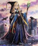  1girl artist_request bangs bare_tree bird blonde_hair blue_eyes cloak fingerless_gloves forehead gloves hair_flowing_over holylight_convert hood hood_up jewelry long_hair looking_at_viewer official_art parted_bangs raven_(animal) ring robe shadowverse solo staff tree very_long_hair well wide_sleeves 