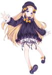  1girl abigail_williams_(fate/grand_order) absurdres bangs black_bow black_footwear black_headwear blonde_hair blue_eyes blush bow commentary_request dress fate/grand_order fate_(series) forehead full_body hair_bow hat highres himecoe long_hair long_sleeves looking_at_viewer multiple_bows multiple_hair_bows no_socks orange_bow parted_bangs polka_dot polka_dot_bow revision ribbon shoes simple_background sleeves_past_wrists solo very_long_hair white_background 