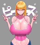  +_+ 1girl abs bangs bare_shoulders blonde_hair blunt_bangs breasts cleavage collarbone denim double_v eyebrows_visible_through_hair groin highres huge_breasts impossible_clothes impossible_shirt jeans looking_at_viewer midriff multicolored_hair navel no_bra original pants red_eyes red_hair shiny shiny_skin shirt slender_waist smile solo spaghetti_strap strap_gap streaked_hair two-tone_hair v w_arms wolffeld 