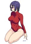  1girl covered_nipples cyclops kouda_tomohiro leotard looking_at_viewer one-eyed original purple_eyes purple_hair ribbed_leotard seiza short_hair sitting solo turtleneck white_background 