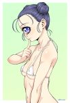  1girl black_hair blue_eyes breasts cyclops double_bun finger_to_chin kouda_tomohiro looking_at_viewer one-eyed original simple_background small_breasts solo white_bikini_top 