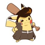  :3 artsy-rc bat black_jacket black_pants clothed_pokemon commentary delinquent english_commentary full_body gen_1_pokemon holding jacket no_humans open_clothes open_jacket over_shoulder pants pikachu pokemon pokemon_(creature) pompadour signature simple_background smile solo weapon weapon_over_shoulder white_background 