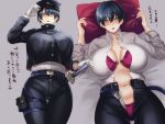  1girl ass_visible_through_thighs bangs belt black_hair black_headwear black_jacket black_pants blue_belt blush bra breasts buttons cleavage collarbone collared_shirt commentary_request cowboy_shot crop_top crop_top_overhang earrings eyebrows_visible_through_hair gakuran gloves grey_background hair_between_eyes hat hikari_(komitiookami) holding holding_hat holding_pillow huge_breasts jacket jewelry katana long_sleeves looking_at_viewer lying midriff multiple_views navel nose_blush on_back on_bed open_clothes open_mouth open_pants open_shirt original panties pants pillow purple_bra purple_panties school_uniform shaded_face sheath sheathed shirt short_hair sidelocks simple_background standing stomach stud_earrings sword thigh_pouch thigh_strap tomboy translation_request unbuttoned underwear weapon white_gloves white_shirt yellow_eyes 