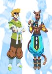  2boys abs adapted_costume animal_ears ankle_boots baggy_pants beerus beerus_(cosplay) belt boots brown_fur brown_hair collar commentary commission cosplay crossed_arms crossover cup disposable_cup dog_boy dog_collar dog_ears dog_tail dragon_ball dragon_ball_super drinking_straw ear_clip english_commentary facial_hair food food_on_face furry gloves highres holding holding_food male_focus multiple_boys muscle pants personification pointy_shoes scooby-doo scooby-doo_(character) shaggy_rogers shirtless shoes snout stubble tail tovio_rogers vambraces white_belt white_gloves zoom_layer 