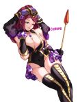  1girl animal_ears arrow black_gloves breasts bunny_ears cleavage conope fake_animal_ears fire_emblem fire_emblem_heroes gloves hat holding_arrow large_breasts leotard loki_(fire_emblem) long_hair parted_lips purple_eyes purple_hair simple_background solo twitter_username white_background 
