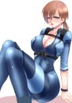  1girl blue_eyes blush bodysuit breasts brown_hair cleavage jill_valentine large_breasts long_hair looking_at_viewer nagare open_mouth ponytail resident_evil_revelations simple_background white_background 