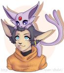  2018 amunet anthro black_nose blue_eyes bripplebrapple bust_portrait clothed clothing collar domestic_cat dtalvi duo ear_piercing ear_ring eeveelution espeon felid feline felis female feral fully_clothed hi_res looking_down looking_up mammal nintendo piercing pok&eacute;mon pok&eacute;mon_(species) portrait purple_body purple_eyes simple_background smile tufted_ears video_games watermark white_background 
