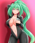  1girl arm_behind_head ass_visible_through_thighs bangs black_bodysuit blush bodysuit breasts catsuit center_opening cleavage collarbone commentary_request cowboy_shot drop_shadow eyebrows_visible_through_hair full-length_zipper green_hair green_heart hair_between_eyes hair_intakes high_ponytail highres large_breasts latex long_hair long_sleeves looking_at_viewer murasame navel neptune_(series) parted_lips pink_background ponytail power_symbol purple_eyes shiny shiny_clothes sidelocks simple_background skin_tight smile solo standing stomach symbol-shaped_pupils unzipped very_long_hair zipper 