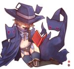  1girl black_headwear book boots brown_hair cape character_request commentary commentary_request floating floating_book floating_object hat highres imagawa_(imaima2535) ishuzoku_reviewers messy_hair short_hair smile thighhighs witch witch_hat 