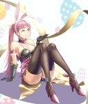  1girl absurdres animal_ears black_gloves black_legwear breasts bunny_ears cleavage closed_mouth easter_egg egg fake_animal_ears fire_emblem fire_emblem:_three_houses fire_emblem_heroes gloves gzo1206 high_heels highres hilda_valentine_goneril knees_up long_hair one_eye_closed pink_eyes pink_hair sitting smile solo thighhighs twintails 