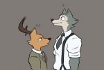  antlers beastars biped blush bodily_fluids canid canine canis cervid clothed clothing duo hi_res horn legoshi_(beastars) looking_at_another louis_(beastars) male mammal necktie nervous rygel_spkb simpe_background size_difference standing suit suspenders sweat topwear wolf 