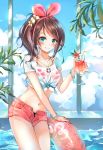  1girl a.i._channel bangle bikini blue_eyes bracelet brown_hair closed_mouth cloud cloudy_sky collarbone crop_top cup drinking_glass drinking_straw flower front-tie_top hair_flower hair_ornament hairband halter_top halterneck highres holding holding_cup hurricane_glass innertube jewelry kizuna_ai long_hair looking_at_viewer midriff multicolored_hair munape navel necklace open_fly pink_bikini pink_shorts ponytail red_flower revision see-through shirt short_shorts short_sleeves shorts sky smile solo streaked_hair swimsuit thighs virtual_youtuber water wet wet_clothes wet_shirt white_shirt 