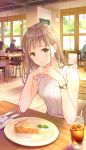  1girl apple_pie bare_arms blouse blush brown_eyes brown_hair chin_rest earrings elbows_on_table eyebrows_visible_through_hair food frilled_sleeves frills highres jewelry long_hair looking_at_viewer original pechi_(peeechika) restaurant sweets watch white_blouse wristwatch 