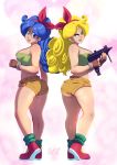  2girls ass back-to-back bare_legs blonde_hair blue_eyes blue_hair breasts brown_gloves commentary curly_hair dark_persona dragon_ball dragon_ball_(classic) dual_persona earrings english_commentary fingerless_gloves gloves green_eyes gun hairband highres holding holding_gun holding_weapon imi_uzi jewelry kneepits large_breasts long_hair looking_back loose_socks lunch_(dragon_ball) multiple_girls red_footwear red_hairband red_ribbon ribbon short_shorts shorts standing strap_gap strapless stud_earrings submachine_gun tovio_rogers tubetop weapon 