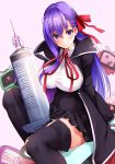  1girl bb_(fate)_(all) bb_(fate/extra_ccc) black_coat coat fate/extra fate/extra_ccc fate_(series) gloves hair_ribbon high-waist_skirt highres leotard long_hair neck_ribbon oversized_object purple_eyes purple_hair red_ribbon revision ribbon sezoku skirt syringe very_long_hair white_gloves white_leotard 