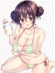  baby_bottle bangs bare_legs bikini blush body_writing bottle breast_suppress breasts brown_eyes brown_hair cameltoe cleavage collarbone comic_cune commentary_request covered_nipples double_bun english_text eyebrows_visible_through_hair green_bikini heart highres holding holding_bottle kurou_(quadruple_zero) large_breasts looking_at_viewer milk mole mole_on_breast navel open_mouth polka_dot polka_dot_background shirakawa_kokona side-tie_bikini simple_background sitting smile string_bikini striped striped_bikini swimsuit wariza watashi_no_tame_ni_nuginasai! wet white_background 