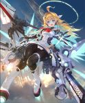  +_+ 1girl :d ahoge aircraft airship android artist_request blonde_hair blue_eyes cloud cloudy_sky fang from_below hair_intakes halo headset lance long_hair looking_at_viewer looking_down mechanical_wings official_art open_mouth polearm ralmia_sonic_racer rocket_boots shadowverse skin_fang sky smile solo thrusters weapon wings 