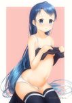  1girl artist_name bangs bare_arms bare_shoulders blue_eyes blue_hair blue_legwear blush bow bow_panties breasts camisole camisole_lift collarbone commentary_request eyebrows_visible_through_hair kantai_collection long_hair looking_at_viewer mae_(maesanpicture) navel panties samidare_(kantai_collection) seiza simple_background sitting small_breasts solo swept_bangs thighhighs underwear very_long_hair white_panties 