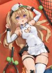  1girl azur_lane bache_(azur_lane) bache_(showy_sports_star)_(azur_lane) ball bangs bare_shoulders black_panties blonde_hair breasts cleavage_cutout covered_navel detached_sleeves dress fang heart_cutout hidebuu long_hair looking_at_viewer open_mouth panties panty_pull purple_eyes racket shaded_face short_dress single_thighhigh small_breasts solo sportswear tennis_ball tennis_dress tennis_net tennis_racket tennis_uniform thighhighs thighs twintails underwear visor_cap white_dress white_legwear 