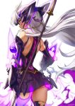  1girl athenawyrm bare_shoulders black_skirt breasts dark_skin elbow_gloves from_behind gloves highres holding holding_spear holding_weapon large_breasts long_hair polearm silver_hair skirt solo spear t-elos thighhighs very_long_hair weapon xenosaga 