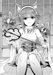  1girl absurdres animal_ears bell bow cat_ears cat_tail closed_mouth fake_animal_ears fake_tail fingerless_gloves fire_emblem fire_emblem_fates fire_emblem_heroes gloves greyscale hairband highres holding japanese_clothes monochrome sakura_(fire_emblem) short_hair sitting smile solo tail yyillust 