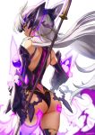  1girl ass athenawyrm bare_shoulders black_leotard breasts dark_skin elbow_gloves from_behind gloves highres holding holding_spear holding_weapon large_breasts leotard long_hair polearm silver_hair solo spear t-elos thighhighs very_long_hair weapon xenosaga 