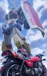  character_request cloud engine ground_vehicle gundam helmet highres k-kat machinery mecha motor_vehicle motorcycle motorcycle_helmet no_humans realistic science_fiction shield tagme 