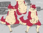  2021 anthro belly big_belly canid canine canis dialogue digestion digestion_noises digital_media_(artwork) fur hair hi_res itskorrie male mammal navel onomatopoeia open_mouth overweight overweight_male red_body red_fur rumbling_stomach sequence simple_background solo sound_effects text thick_thighs vore vox_(awoogasm) wolf yellow_eyes 