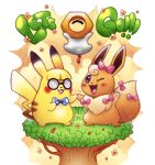  coke-bottle_glasses commentary copyright_name creature eevee english_commentary facing_viewer flower gen_1_pokemon gen_7_pokemon glasses happy highres krystal_fleming meltan no_humans pikachu pink_ribbon pokemon pokemon_(creature) purple_eyes ribbon tree 