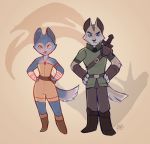  2012 anthro clothing dinosaur_planet duo felid feline female fur krystal low_res male mammal nintendo rollingrabbit sabre_(dinosaur_planet) signature smile star_fox video_games 