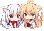  2girls ahoge animal_ear_fluff animal_ears bangs bare_arms bare_shoulders black_legwear blonde_hair blue_eyes blue_swimsuit bow cat_ears cat_girl cat_tail chibi dog_ears dog_girl dog_tail drooling eating eyebrows_visible_through_hair food fringe_trim hair_between_eyes hair_bow hair_ornament hairclip holding holding_food koinu-chan kujou_danbo long_hair mouth_drool multiple_girls no_shoes one-piece_swimsuit open_mouth original pink_scarf plaid plaid_scarf red_eyes red_scarf ribbed_sweater scarf silver_hair sitting sleeveless_sweater sweater swimsuit tail taiyaki thighhighs v-shaped_eyebrows very_long_hair wagashi wariza white_bow white_legwear white_sweater 