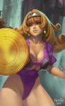  1girl 2018 artnip bangs breastplate breasts brown_hair cleavage coin commentary curly_hair earrings english_commentary fantasy forehead_protector green_eyes highres holding_shield jewelry large_breasts leotard long_hair original purple_leotard revealing_clothes shield signature solo thick_eyebrows underboob 