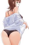  1girl amami_haruka ass bare_shoulders black_bra black_panties blush bra breasts brown_hair cowboy_shot from_behind green_eyes highres idolmaster idolmaster_(classic) idolmaster_million_live! liu_chi_tiantang_fr long_sleeves looking_at_viewer looking_back medium_breasts off_shoulder open_clothes open_shirt panties shirt short_hair simple_background solo thighs underwear white_background white_shirt 