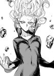  1girl breasts covered_navel floating_hair floating_rock high_collar long_hair monochrome nakuta one-punch_man small_breasts tatsumaki white_background 