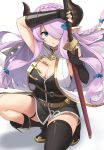  1girl asymmetrical_gloves bare_shoulders black_footwear black_gloves black_legwear blue_eyes blush braid breasts cleavage commentary_request draph elbow_gloves frown gloves granblue_fantasy hair_ornament hair_over_one_eye high_heels highres holding holding_sword holding_weapon horns katana large_breasts lavender_hair long_hair looking_at_viewer low_tied_hair narmaya_(granblue_fantasy) open_mouth phano_(125042) pointy_ears purple_hair single_braid single_thighhigh sleeveless solo sword thigh_strap thighhighs very_long_hair weapon 