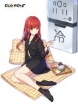  1girl :t bare_legs black_legwear black_shirt breast_pocket closers collarbone collared_shirt eating flat_chest highres holding jewelry long_hair looking_at_viewer mat necklace official_art parfait partially_unbuttoned pillow pocket red_eyes red_hair shirt socks solo spoon tina_(closers) 