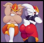  2girls animal_ears ass ass_focus breasts brown_fur bunny_ears bunny_tail cinderace embarrassed furry huge_ass huge_breasts multiple_girls oasis_(magnitude711) orange_pants pants pokemon pokemon_(creature) pokemon_(game) pokemon_swsh pose red_legwear red_pants tail white_fur white_legwear 