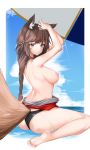  1girl absurdres ahri animal_ear_fluff animal_ears arms_up ass bangs barefoot bikini_bottom black_bikini_bottom blue_sky breasts brown_hair cloud day eyebrows_visible_through_hair fox_ears fox_tail highres large_breasts league_of_legends long_hair looking_at_viewer nevin_(flyskying) ocean orange_eyes sideboob sitting sky soles solo tail topless wariza whisker_markings 