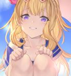  1girl bangs bare_shoulders betabeet blonde_hair blue_sky blush breasts cagliostro_(granblue_fantasy) collarbone eyewear_on_head granblue_fantasy grin heart heart-shaped_eyewear highres knees_up long_hair looking_at_viewer ponytail purple_eyes sailor_collar sky small_breasts smile solo squatting swimsuit white_swimsuit 