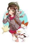  1girl 2020 animal animal_on_shoulder artist_name blue_background brown_eyes brown_hair commentary_request gen_5_pokemon gen_8_pokemon highres hijiri_ruka holding holding_poke_ball hood hood_down hooded_sweater looking_at_viewer milcery minccino poke_ball poke_ball_(generic) pokemon pokemon_(creature) pokemon_(game) pokemon_on_shoulder pokemon_swsh scorbunny short_hair smile standing standing_on_one_leg sweater tam_o&#039;_shanter two-tone_background white_background yuuri_(pokemon) 