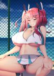  1girl azur_lane bangs bare_shoulders black_panties blue_sky breasts bremerton_(scorching-hot_training)_(azur_lane) chain-link_fence cleavage closed_mouth crop_top crop_top_overhang crossed_bangs fence hair_between_eyes hair_ornament hands_on_own_thighs heart heart_necklace highres kisaragi_nana large_breasts licking_lips mole mole_under_eye multicolored_hair panties red_eyes red_hair shirt sitting skirt sky sleeveless sleeveless_shirt sportswear spread_legs squatting streaked_hair tennis_court tennis_uniform tongue tongue_out two-tone_shirt two-tone_skirt two_side_up underwear white_skirt x_hair_ornament 