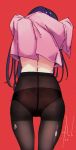  1girl ass back commentary_request flat_ass floral_print from_behind highres jill_stingray long_hair panties panties_under_pantyhose pantyhose pink_shirt print_panties puk purple_hair red_background shirt shirt_lift torn_clothes torn_legwear underwear undressing va-11_hall-a 