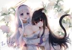  2girls black_hair blush catgirl flowers halo headband hug long_hair original purple_eyes red_eyes tagme_(character) tail watermark white_hair xing 