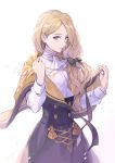  1girl blonde_hair blue_eyes bow closed_mouth fire_emblem fire_emblem:_three_houses garreg_mach_monastery_uniform hair_bow hakou_(barasensou) highres long_hair long_sleeves low_ponytail mercedes_von_martritz simple_background solo uniform white_background 