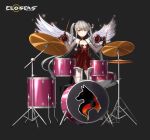  1girl :o angel_wings armpits bare_shoulders black_gloves breasts choker cleavage closers detached_sleeves dress drum drum_set drumsticks gloves grey_hair hair_ribbon hands_up highres holding instrument long_hair looking_at_viewer musical_note official_art orange_eyes parted_lips red_dress ribbon see-through sleeveless sleeveless_dress small_breasts solo spaghetti_strap standing thighhighs tina_(closers) very_long_hair white_legwear wings zettai_ryouiki 