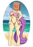  absurd_res anthro beach bikini blush breasts cleavage clothed clothing equid equine fan_character female hi_res horse mammal my_little_pony paper_bag paper_bag_(oc) pony sea seaside side-tie_bikini side_boob smiley_face solo string_bikini swimwear tatemil thong_(swimwear) water 