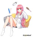  1girl :o alarm_clock bare_legs black_shorts blue_eyes breast_pocket clock closers collarbone collared_shirt full_body hair_brush hand_up highres jewelry knees_up long_hair long_sleeves looking_at_viewer necklace official_art open_mouth partially_unbuttoned pillow pink_hair pocket seulbi_lee shirt short_shorts shorts sitting socks solo thighs toothbrush toothpaste very_long_hair white_legwear white_shirt 